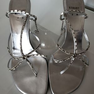 Vintage Stuart Weitzman Luxury Silver Leather Crystal Kitten Heels. Size 9 NWOT
